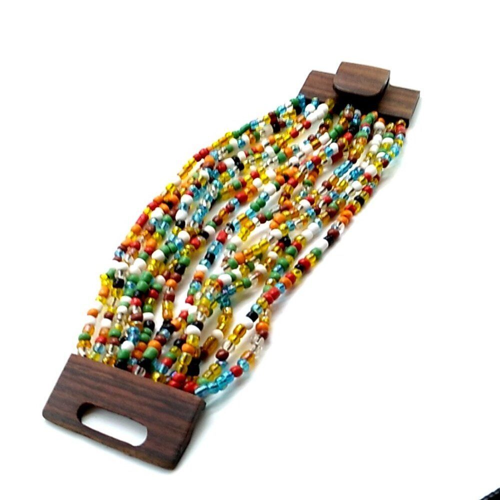 Glass Beaded Stretch Bracelet 14 Strand Wood Buckle Multi-colored